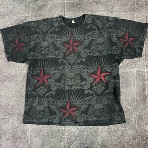 Men's Vintage Y2K Affliction Skull Red Star All Over Print T Shirt Tee Sz 2XL